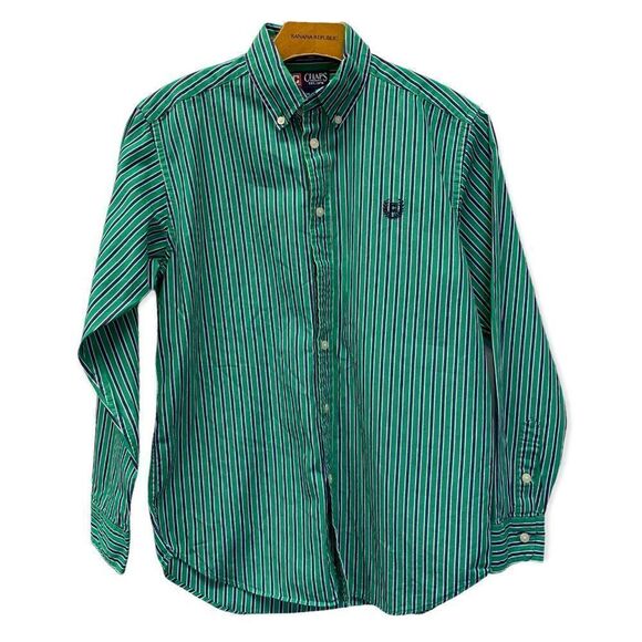 Chaps Boy's size Large 14 16 Green Navy white striped button down shirt - Picture 1 of 8